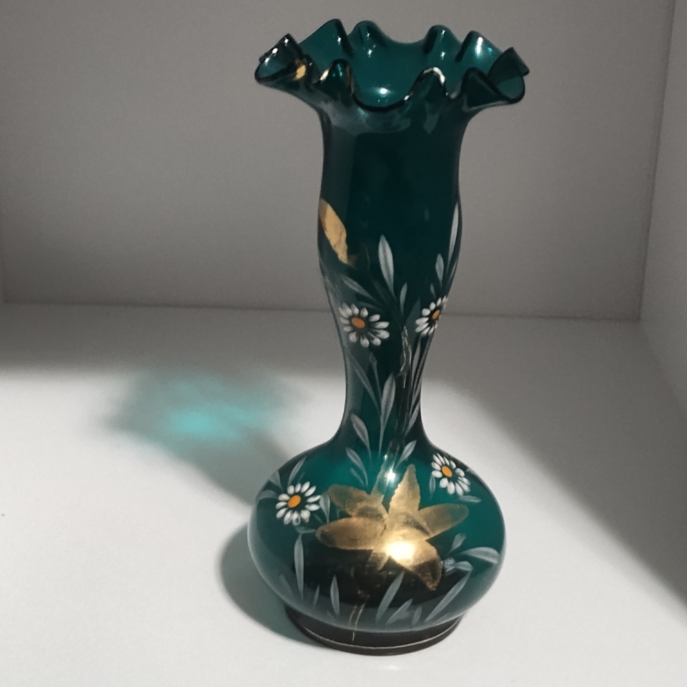 Vintage aqua hand-painted ruffled edge Bud vase